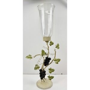Vintage Italian Toleware Grapes & Leaves Candle‎ Holder Hurricane Glass Metal